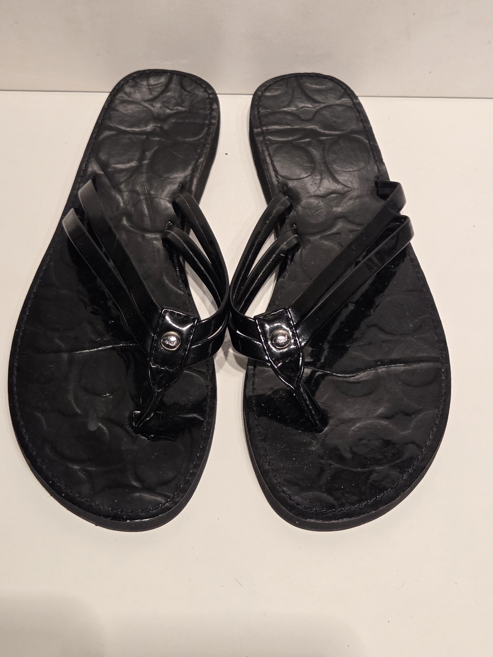 Coach Black Patent Triple-Strap Thong Sandals